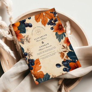 Invitación Boda de Naranja Quemada y Bayas Navales