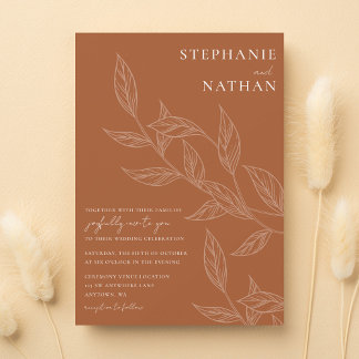 Invitación Boda de Naranja quemado de hojas modernas simples