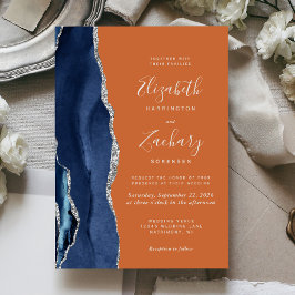 Invitación Boda de Naranja quemado de plata azul de la Marina