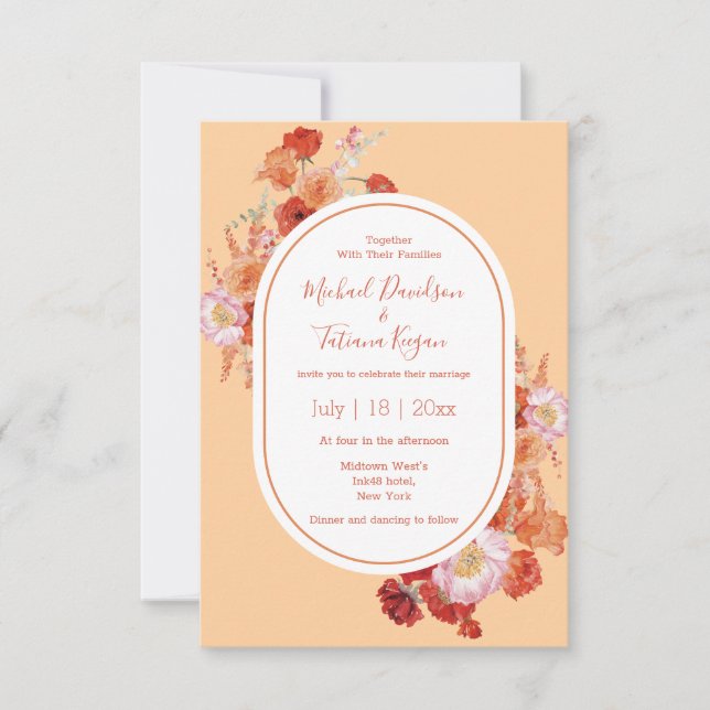 Invitación boda de naranja rojo floral de acuarela (Anverso)