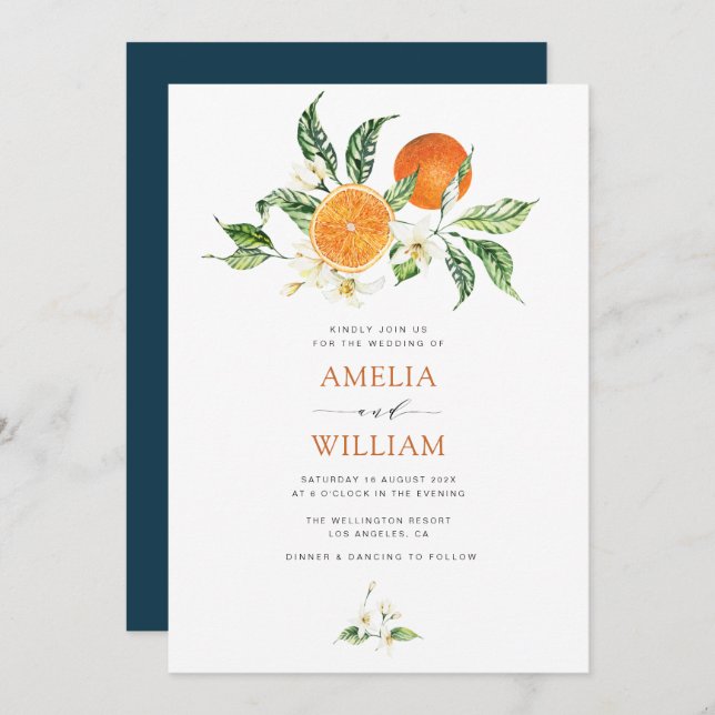 Invitación boda de naranjas de cítricos de acuarela moderna (Anverso / Reverso)