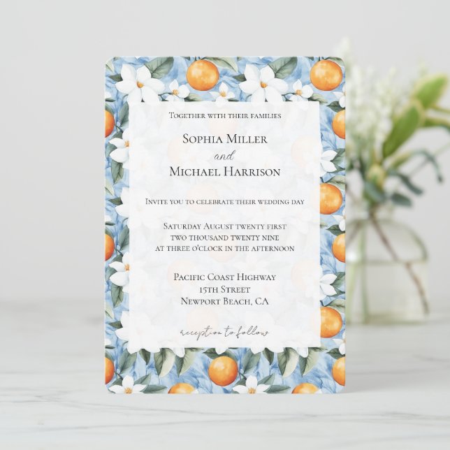 Invitación Boda de Naranjas florales azules sicilianos de ver (Anverso de pie)