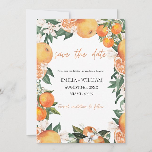 Invitación Boda de Naranjas románticos Foto Guardar fecha (Anverso)