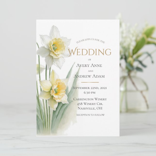 Invitación Boda de narcisos elegantes blancos y amarillos (Anverso de pie)