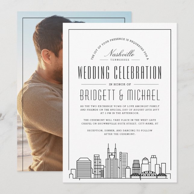 Invitación Boda de Nashville | Moderna Línea de Skyline de la (Anverso / Reverso)
