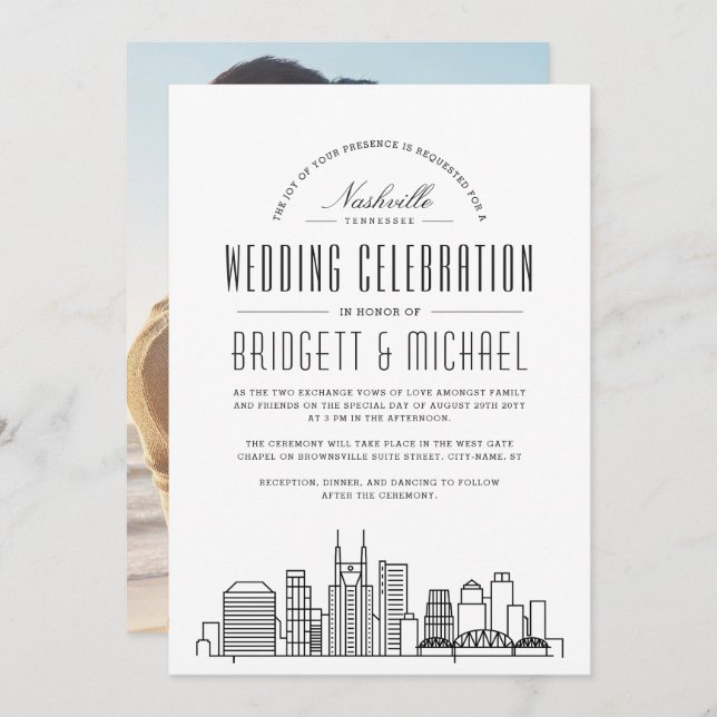 Invitación Boda de Nashville | Moderna Línea de Skyline de la (Anverso / Reverso)