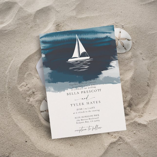 Invitación Boda de navegación elegante de la marina costera O (coastal wedding invitation modern minimalist elegant beach ocean waves boat sail sailing navy blue)