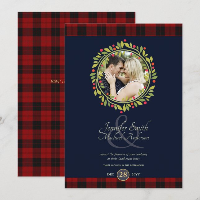 Invitación Boda de Navidad Azul Marinho FOTO Cuadro de Bufalo (Anverso / Reverso)