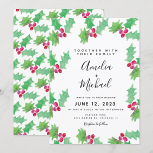 Invitación Boda de Navidad con Acuarela a Mano de Acebo y Bay