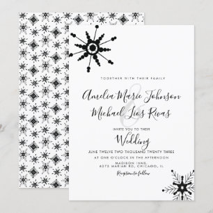 Invitación Boda de Navidad con copos de nieve negros y letra