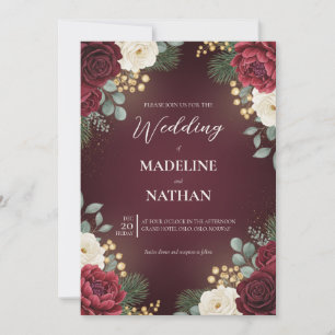 Invitación Boda de Navidad con Flores de Terciopelo Borgoña