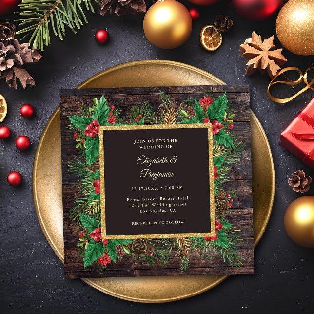 Invitación Boda de Navidad con madera dorada negra rústica y  (Subido por el creador)
