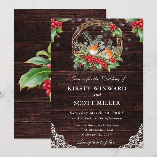 Invitación Boda de Navidad con madera rústica, robin y acebo (Anverso / Reverso)