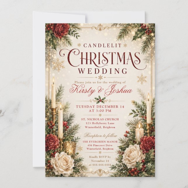 Invitación Boda de Navidad con velas encendidas (Anverso)