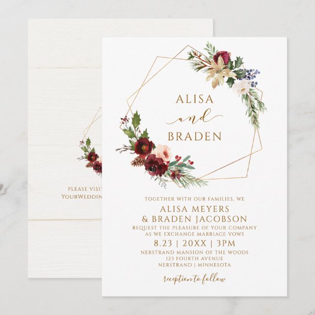 Invitación Boda de Navidad Corona de Verde Elegante (Anverso / Reverso)