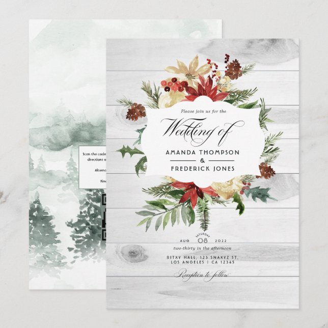 Invitación Boda de Navidad de Bosque Invernal Rústico Código  (Anverso / Reverso)