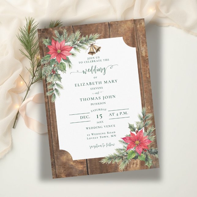 Invitación Boda de Navidad de invierno con madera rústica de  (winter wedding invitation rustic barn wood greenery floral poinsettia christmas green red elegant )