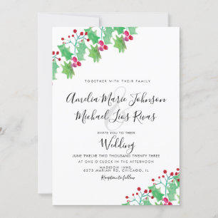 Invitación Boda de Navidad Elegante Guión Acuarela Baya