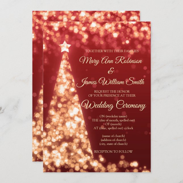 Invitación Boda de Navidad elegante roja y dorada de las fies (Anverso / Reverso)
