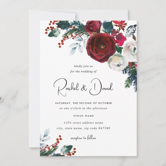 Invitación Boda de Navidad Floral Rojo Borgoña (Anverso)