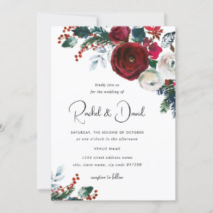 Invitación Boda de Navidad Floral Rojo Borgoña