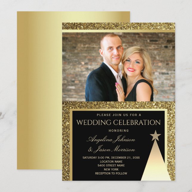 Invitación Boda de Navidad Moderna en Negro y Dorado (Anverso / Reverso)