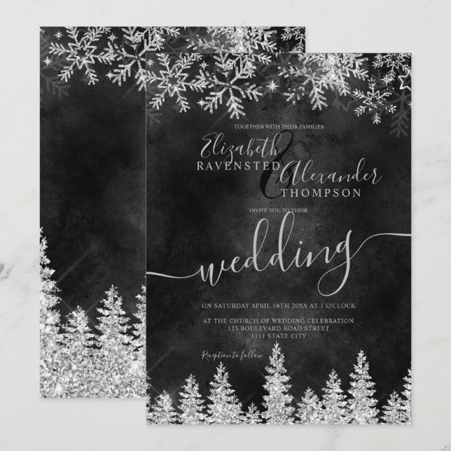Invitación Boda de Navidad negro de pino de nieve de plata (Anverso / Reverso)