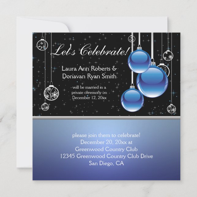 Invitación Boda de Navidad Plateada Azul y Negra (Anverso)