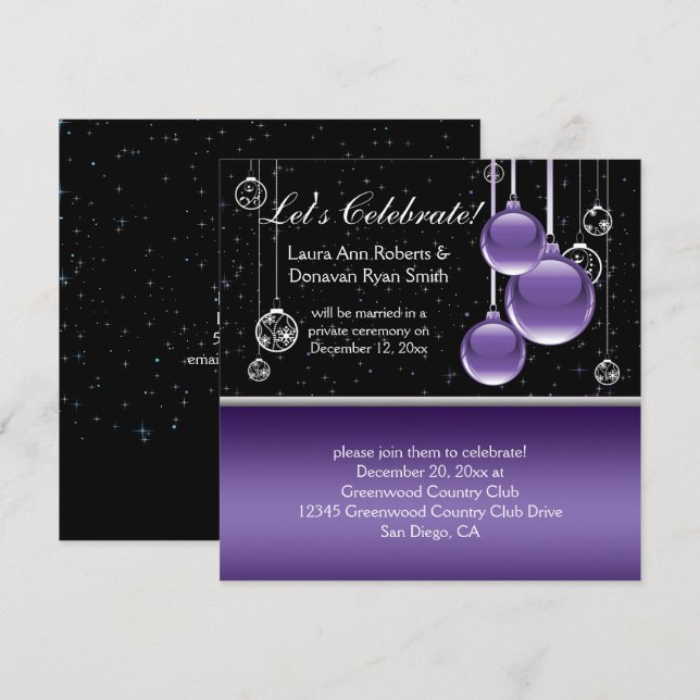 Invitación Boda de Navidad Plateada y Morada (Anverso / Reverso)