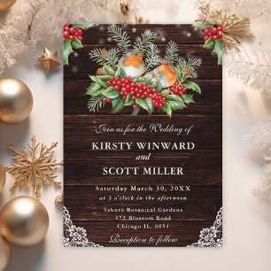 Invitación Boda de Navidad rústica de madera con Robin y Holl