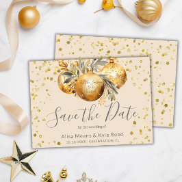 Invitación Boda de Navidades beiges de oro salva la fecha