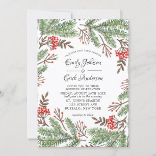 Invitación Boda de Navidades de Berry con agujas de pino rojo
