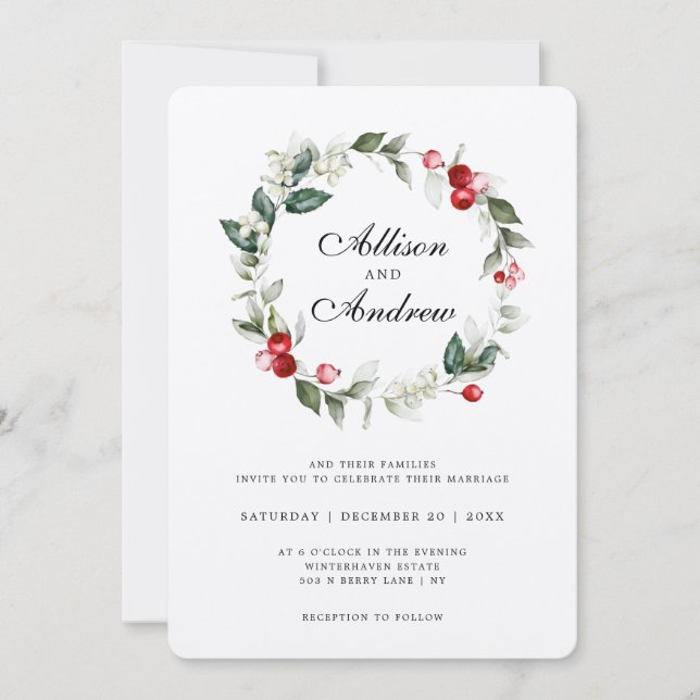 Invitación Boda de Navidades de Berry en invierno suave (Anverso)