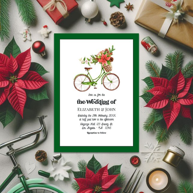 Invitación Boda de Navidades de bicicleta de Retro Poinsettia (Retro Poinsettia Bicycle Christmas Wedding Invitation)