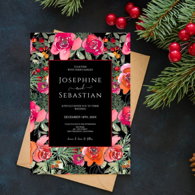 Invitación Boda de Navidades de Black Floral Holly Berries (Subido por el creador)