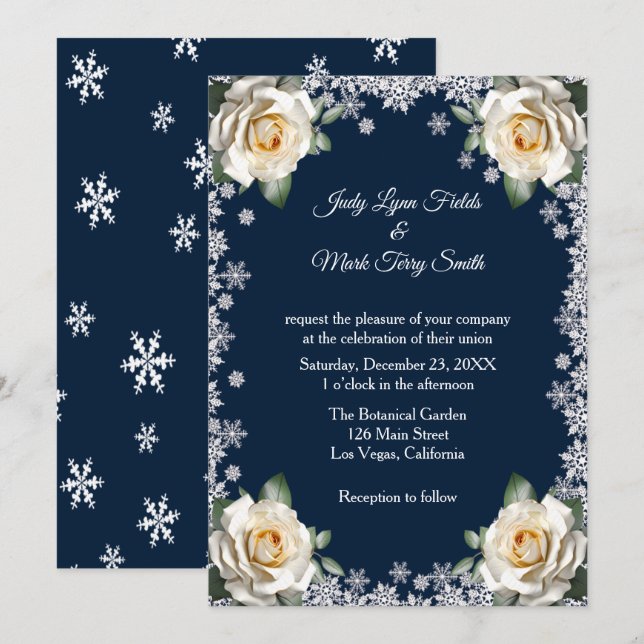 Invitación Boda de Navidades de copos de nieve de rosas blanc (Anverso / Reverso)
