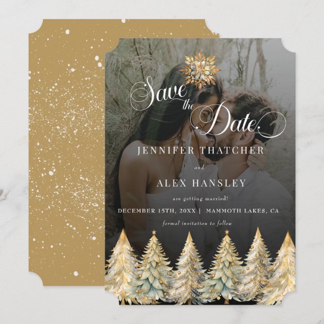 Invitación Boda de Navidades de espuma de oro Salva la fecha (Anverso / Reverso)
