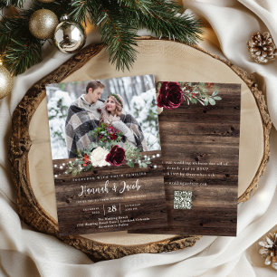 Invitación Boda de Navidades de fotografía Rústico Wood QR Co
