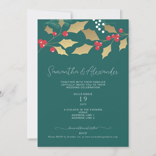 Invitación Boda de Navidades de Gold Floral Holly Mistletoe (Anverso)