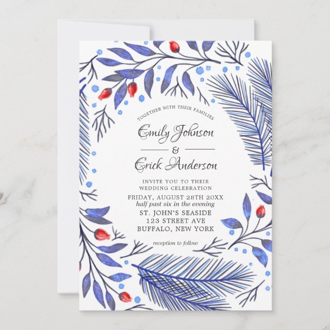 Invitación Boda de Navidades de invierno Blue and Red Berry (Anverso)