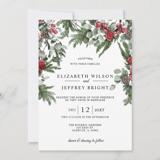 Invitación Boda de Navidades de invierno de Rustic Pine Berri (Anverso)