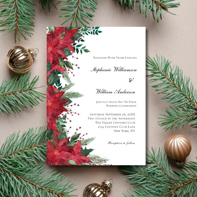 Invitación Boda de Navidades de invierno florales de Poinsett (Red Poinsettia Christmas Winter Wedding Invitation.)