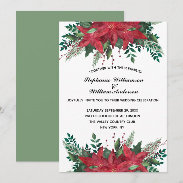 Invitación Boda de Navidades de invierno florales de Poinsett (Anverso / Reverso)