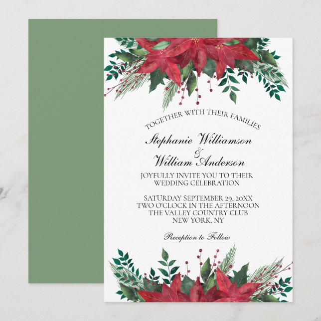 Invitación Boda de Navidades de invierno florales de Poinsett (Anverso / Reverso)