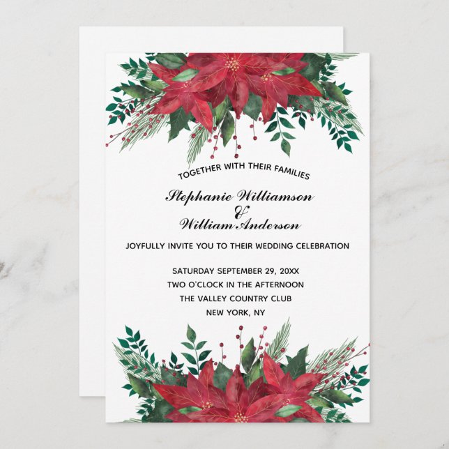 Invitación Boda De Navidades De Invierno Florales De Poinsett (Anverso / Reverso)