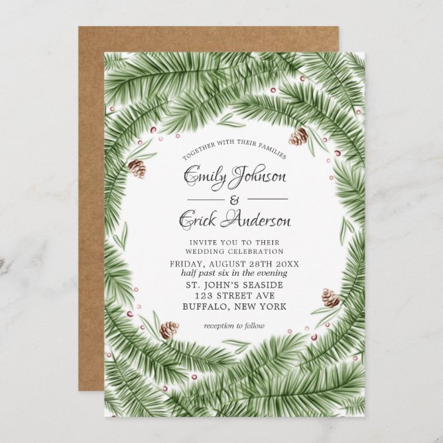 Invitación Boda de Navidades de la Needle Pinecone Kraft (Anverso / Reverso)