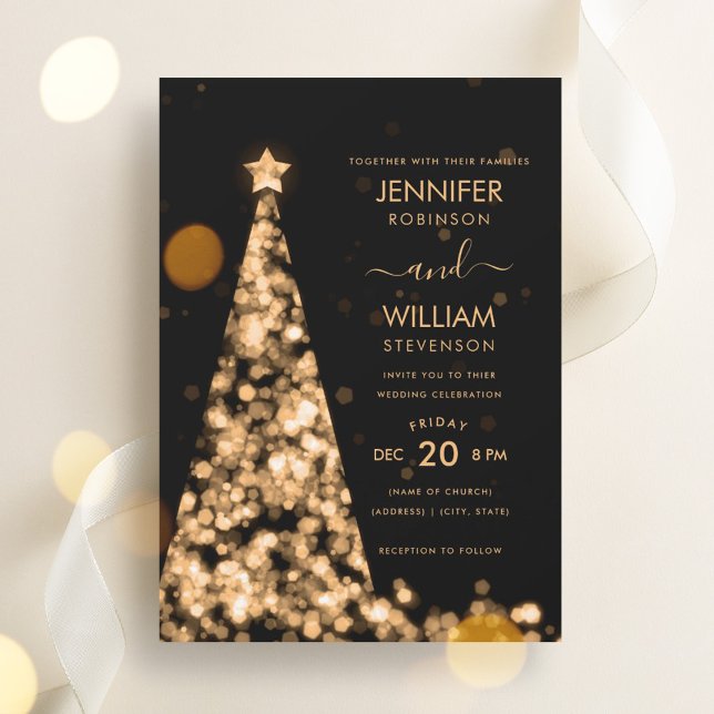 Invitación Boda de Navidades de oro de escritura moderna (Modern Script Festive Gold Tree Christmas Wedding Invitation)