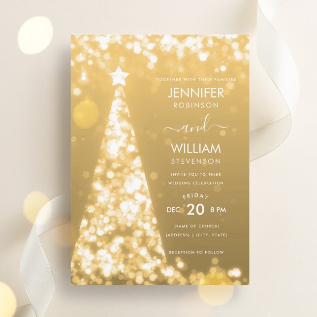 Invitación Boda de Navidades de oro festivo moderno (Modern Festive Gold Tree Christmas Wedding Invitation)