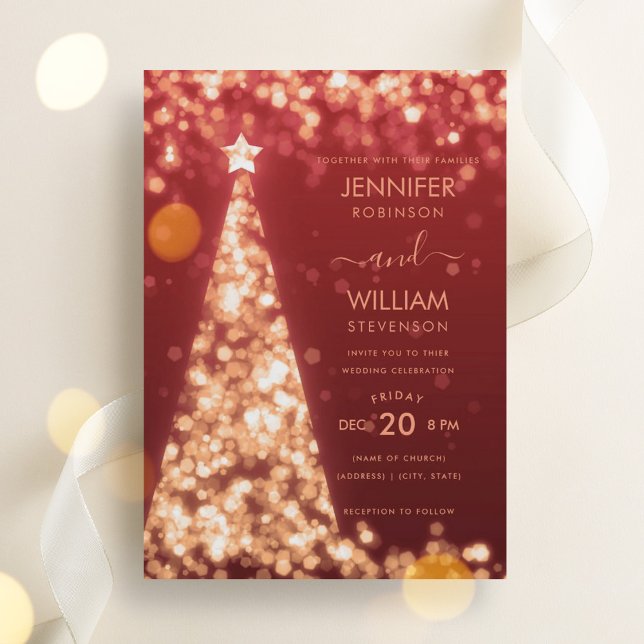 Invitación Boda de Navidades de oro festivo moderno (Modern Festive Gold Tree Christmas Wedding Invitation)