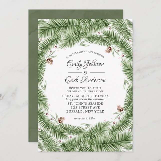 Invitación Boda de Navidades de pinecones de aguja verde (Anverso / Reverso)